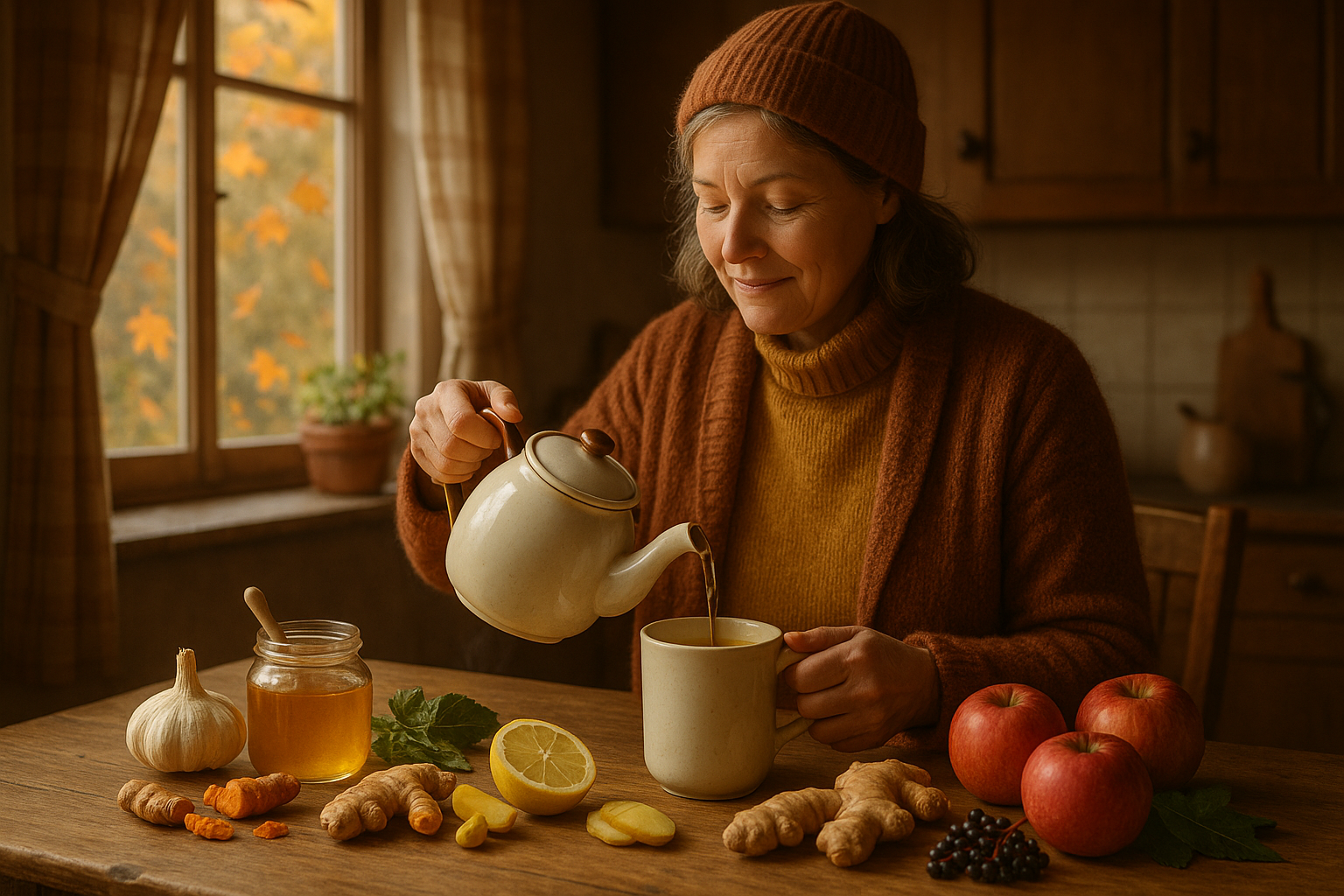 Osoba zabalená v deke pije horúci čaj, vonku za oknom sú jesenné stromy.
