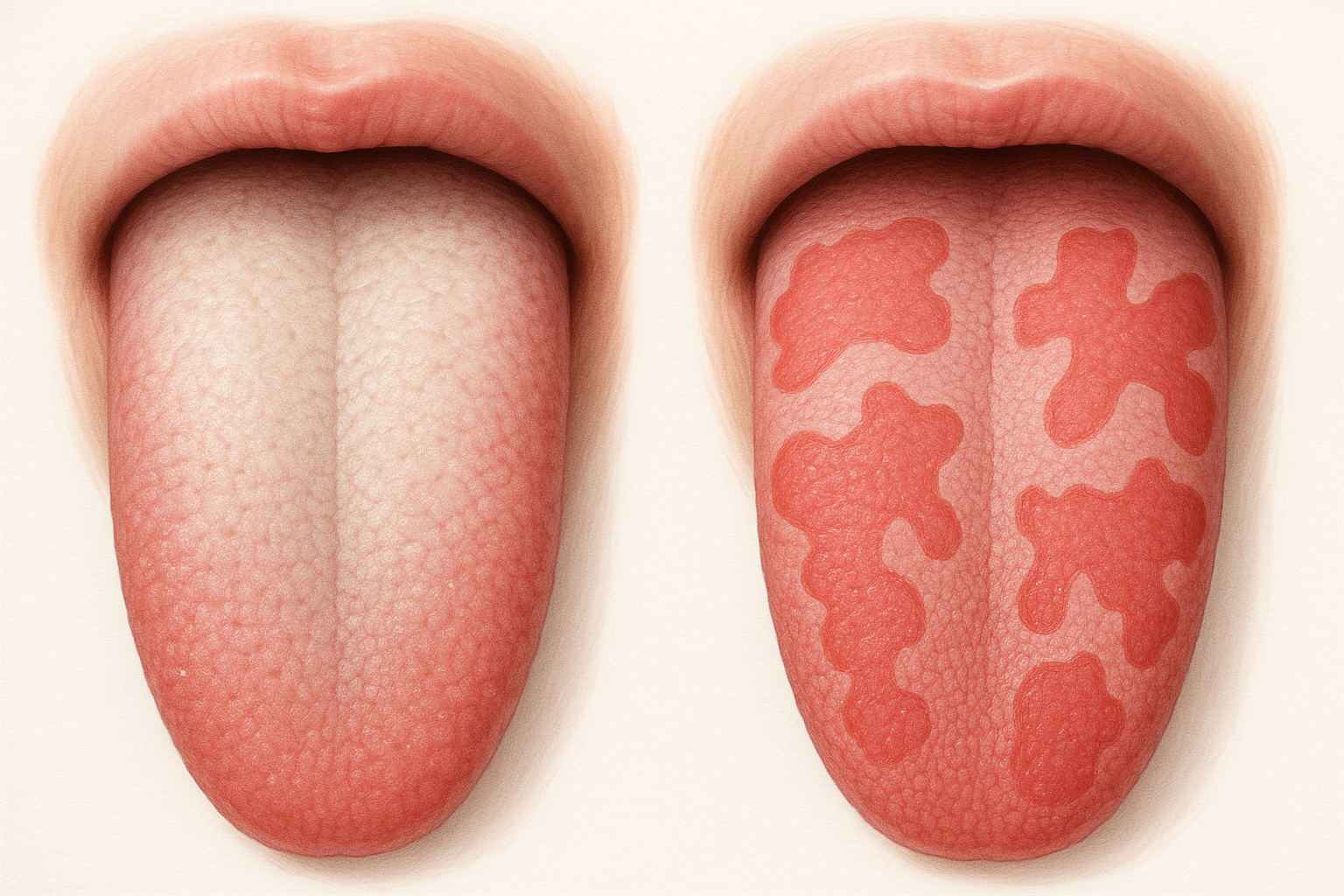 Detailný pohľad na biely povlak na jazyku, ktorý si osoba kontroluje v zrkadle.