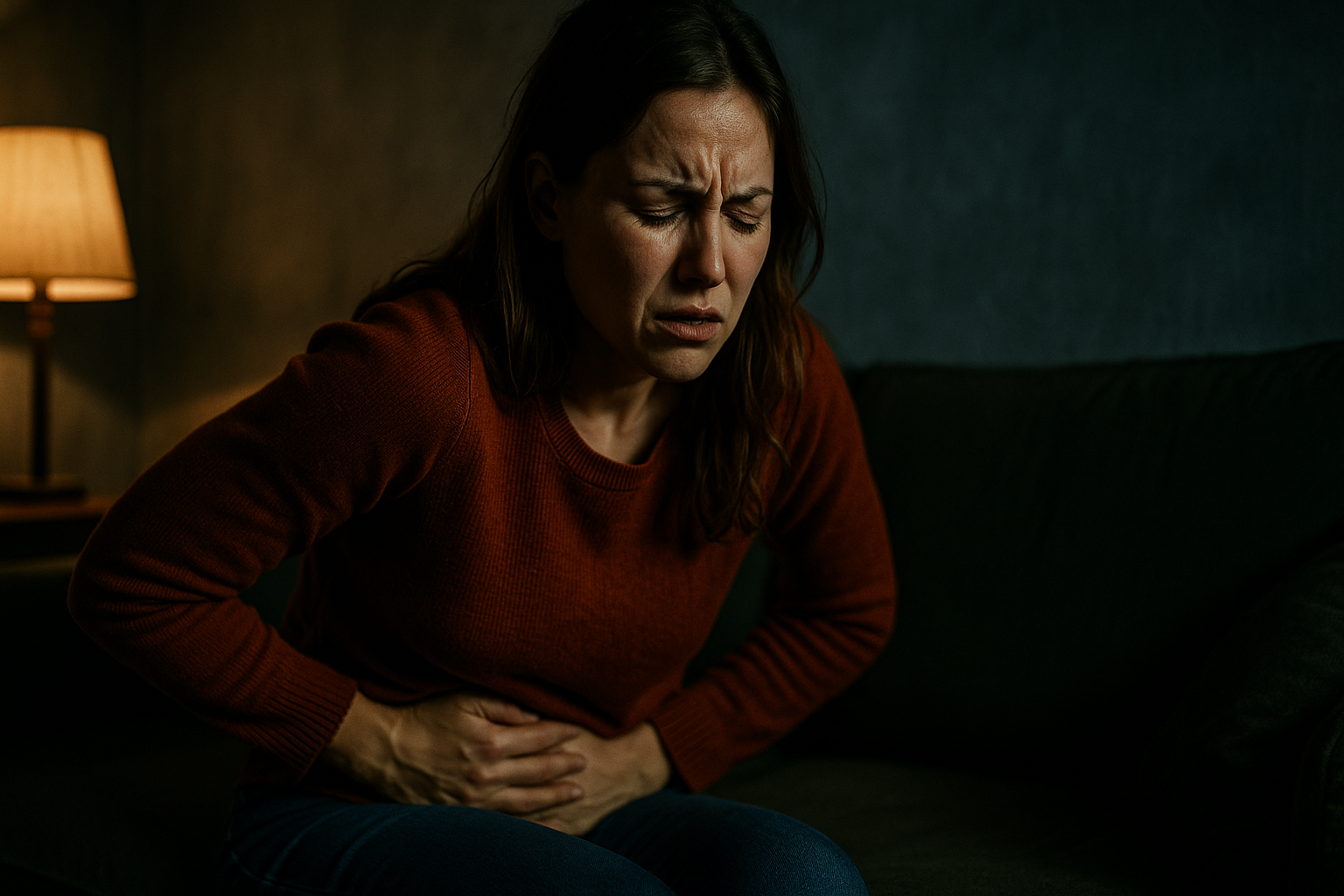 Osoba si drží pravú stranu brucha s bolestivým výrazom, pozadie je rozmazané.