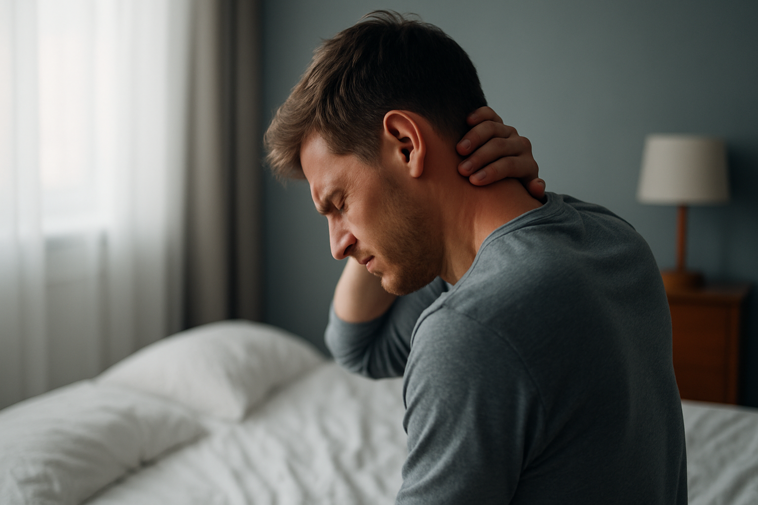 Osoba si masíruje zadnú časť hlavy a krku, s unaveným a bolestivým výrazom.