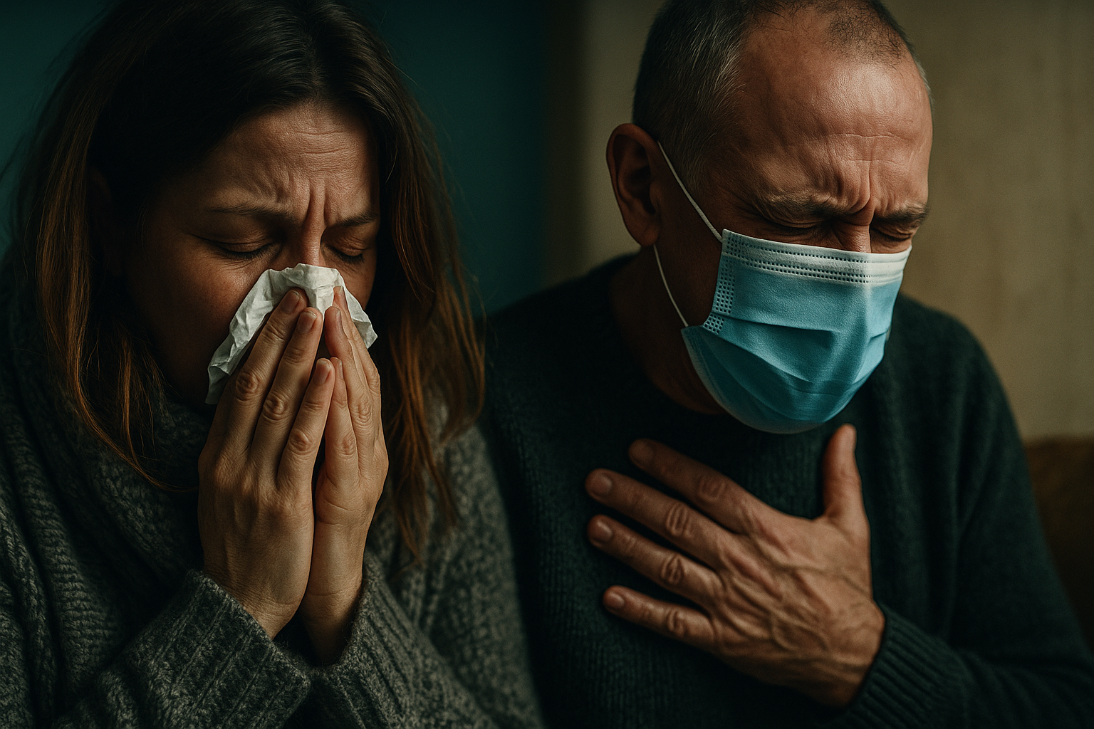 Osoba si meria teplotu teplomerom a vyzerá unavene, v pozadí je vidieť krabička s liekmi.