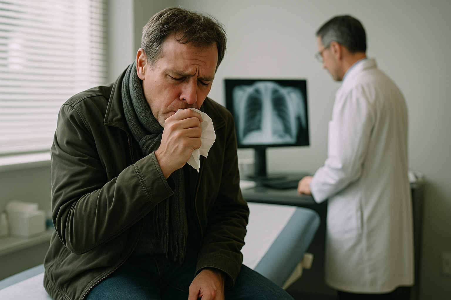 Muž v strednom veku kašle vonku, vyzerá unavene a drží sa za hruď.