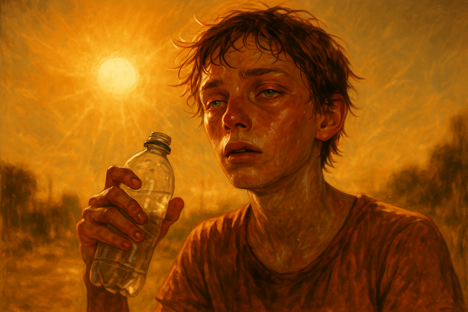 Osoba unavene sediaca na lavičke v parku počas horúceho letného dňa, drží si hlavu.