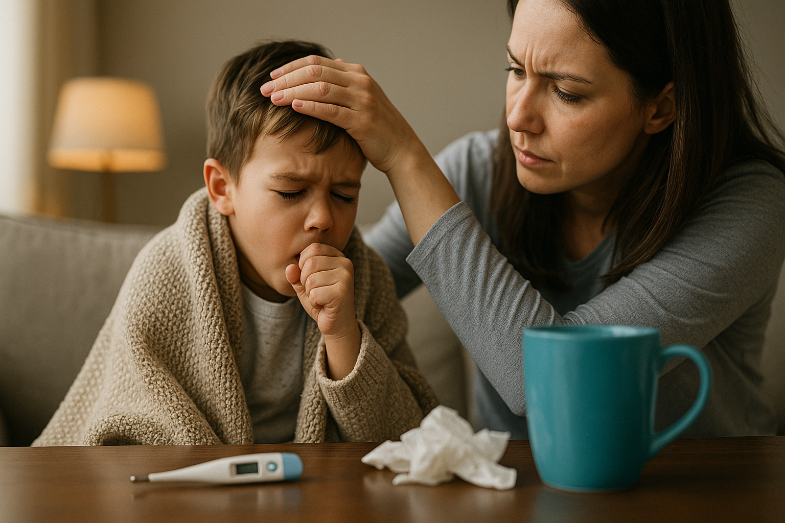 Starostlivá matka podáva svojmu dieťaťu, ktoré kašle, lyžičku so sirupom.