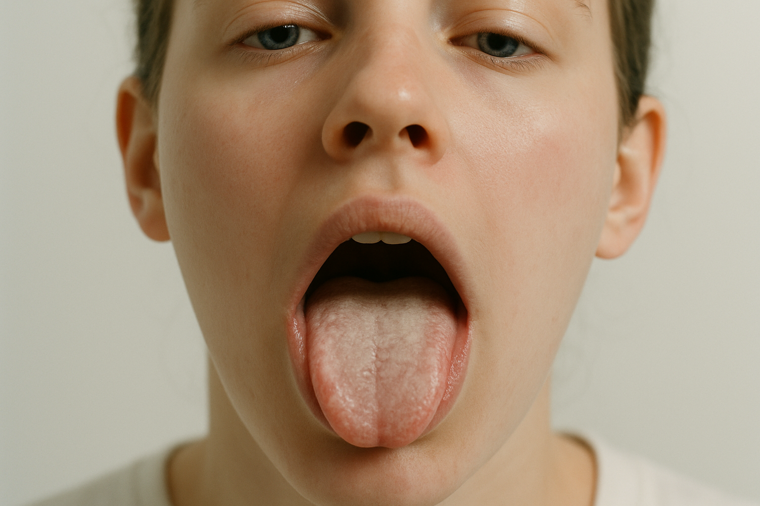 Detailný záber na vnútro úst s bielym povlakom na jazyku, typickým pre orálnu kandidózu.