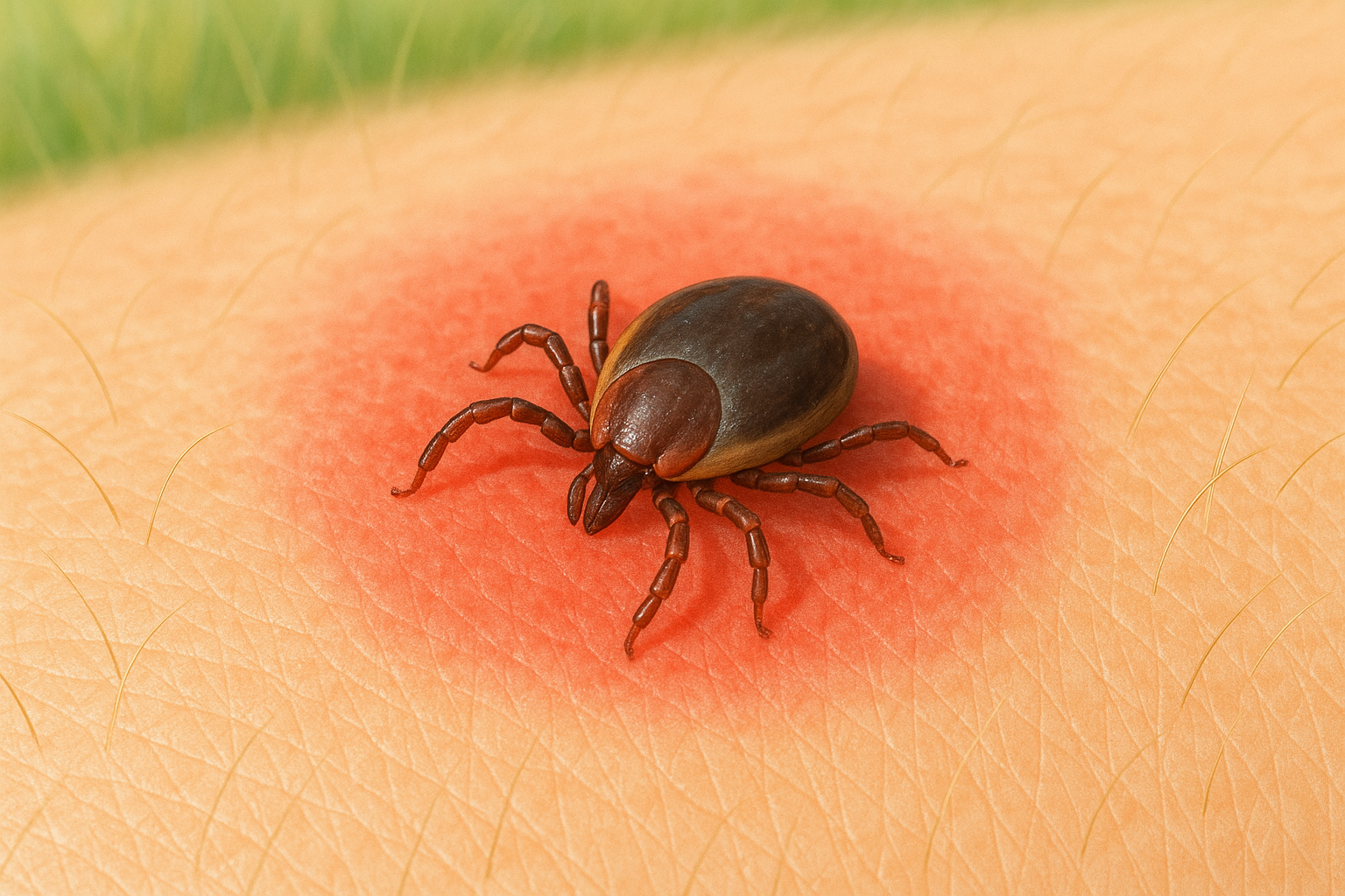 Detailný záber na kliešťa prisatého na ľudskej koži, v pozadí je vidieť pinzeta.