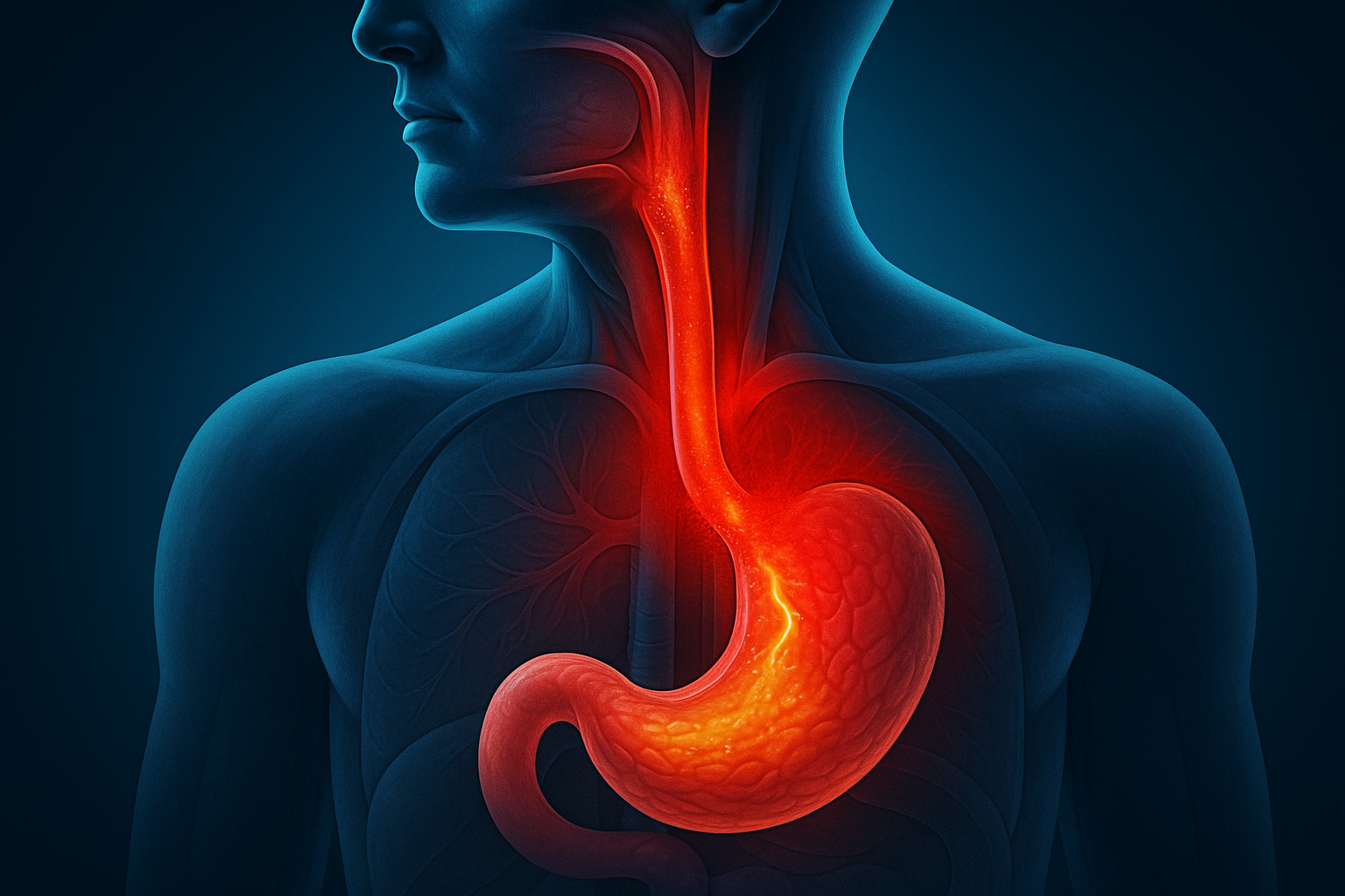 Osoba s nepríjemným pocitom v hrudi, ktorý symbolizuje pálenie záhy alebo reflux.