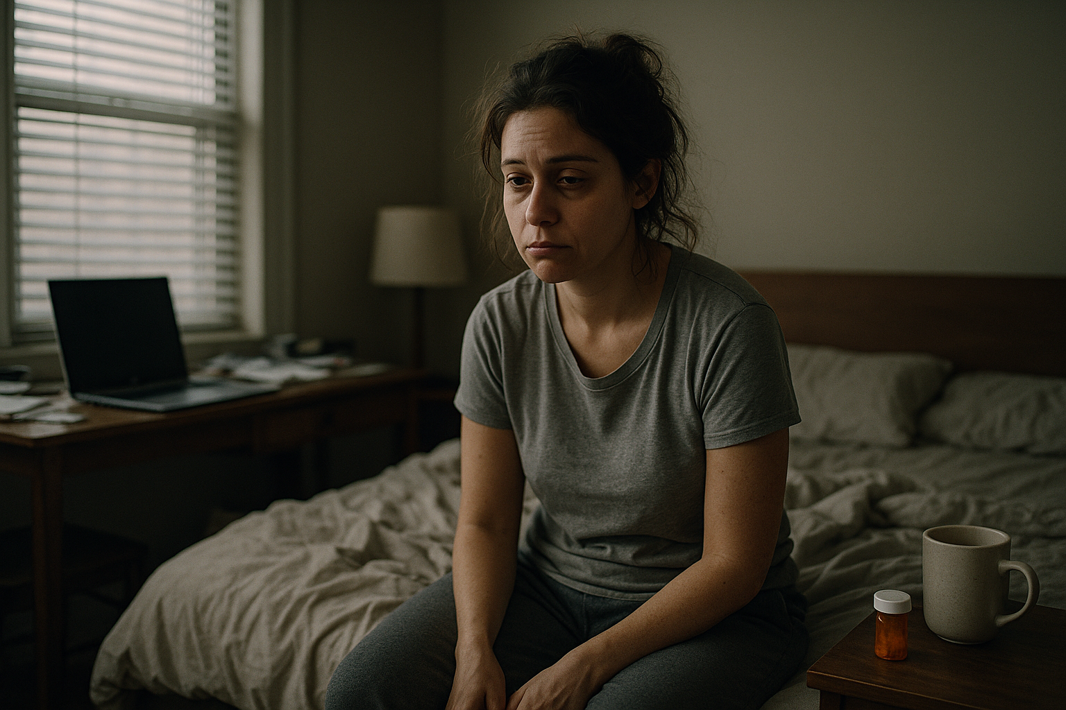 Unavená žena sedí za pracovným stolom, podopiera si hlavu a zíva, s pocitom vyhorenia.