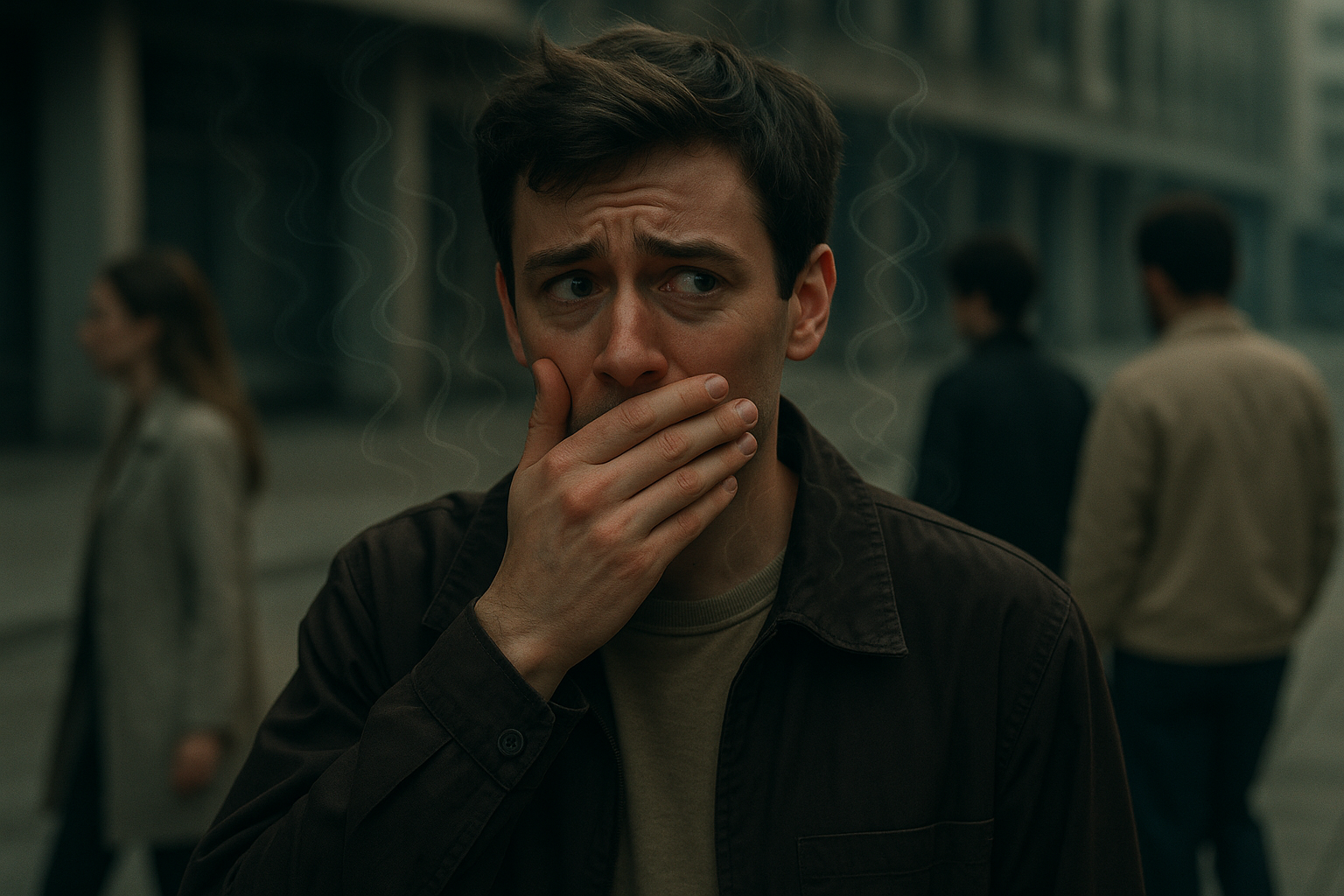 Osoba si diskrétne zakrýva ústa rukou, s neistým výrazom v tvári kvôli zápachu z úst.