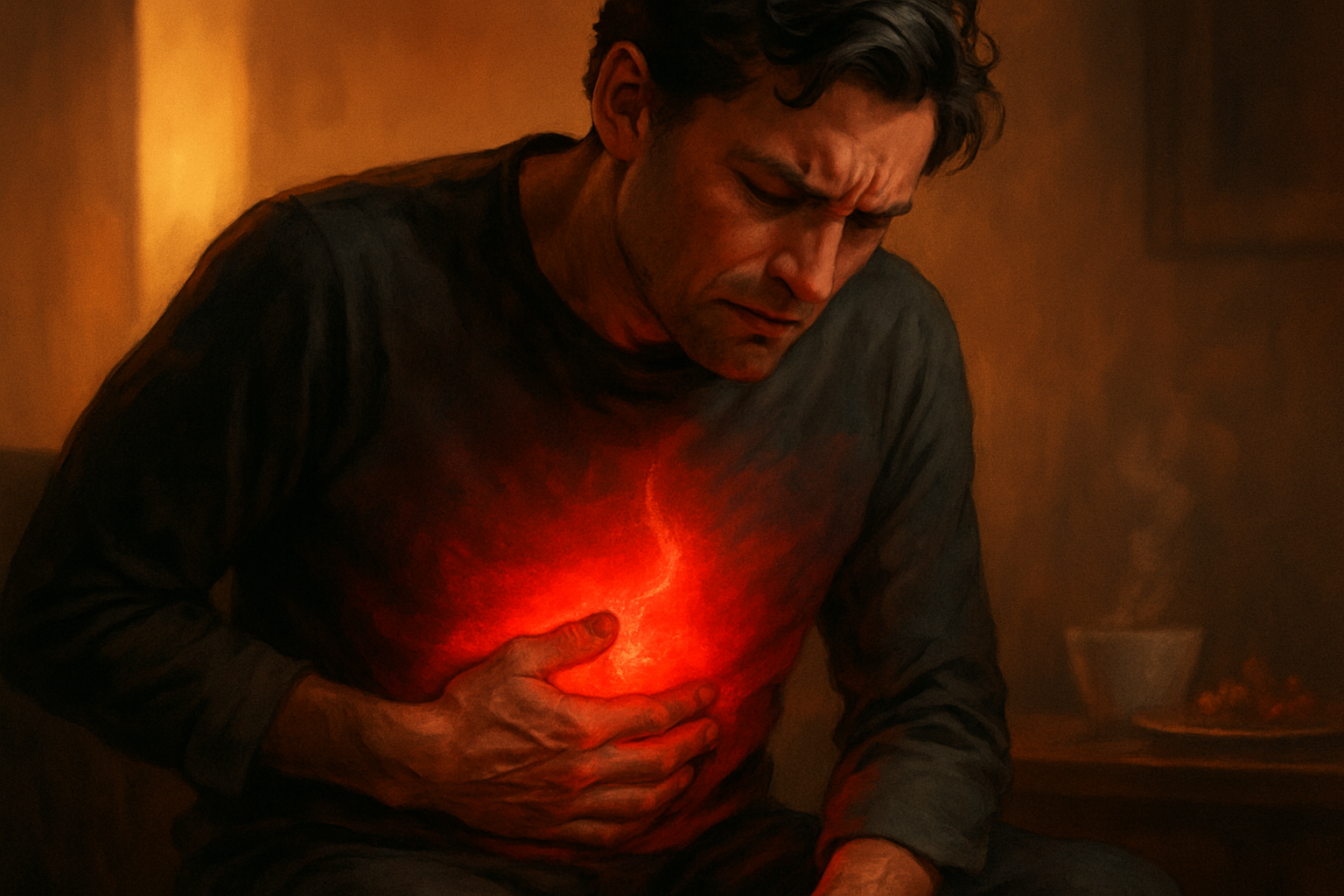 Ilustrácia ľudského žalúdka so zvýraznenou zapálenou oblasťou, symbolizujúcou gastritídu.